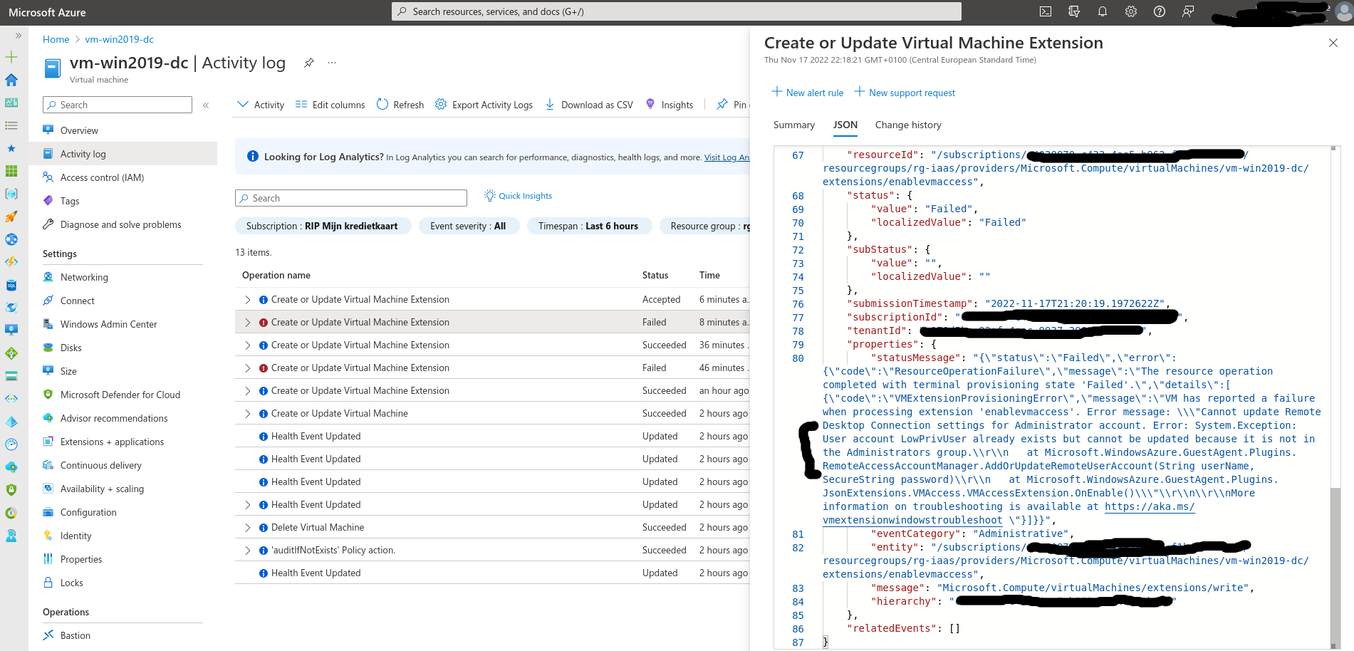 Errors in the Activity Log