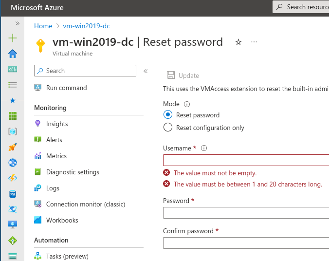 The &ldquo;Reset&rdquo; Password functionality for VMs in Azure.