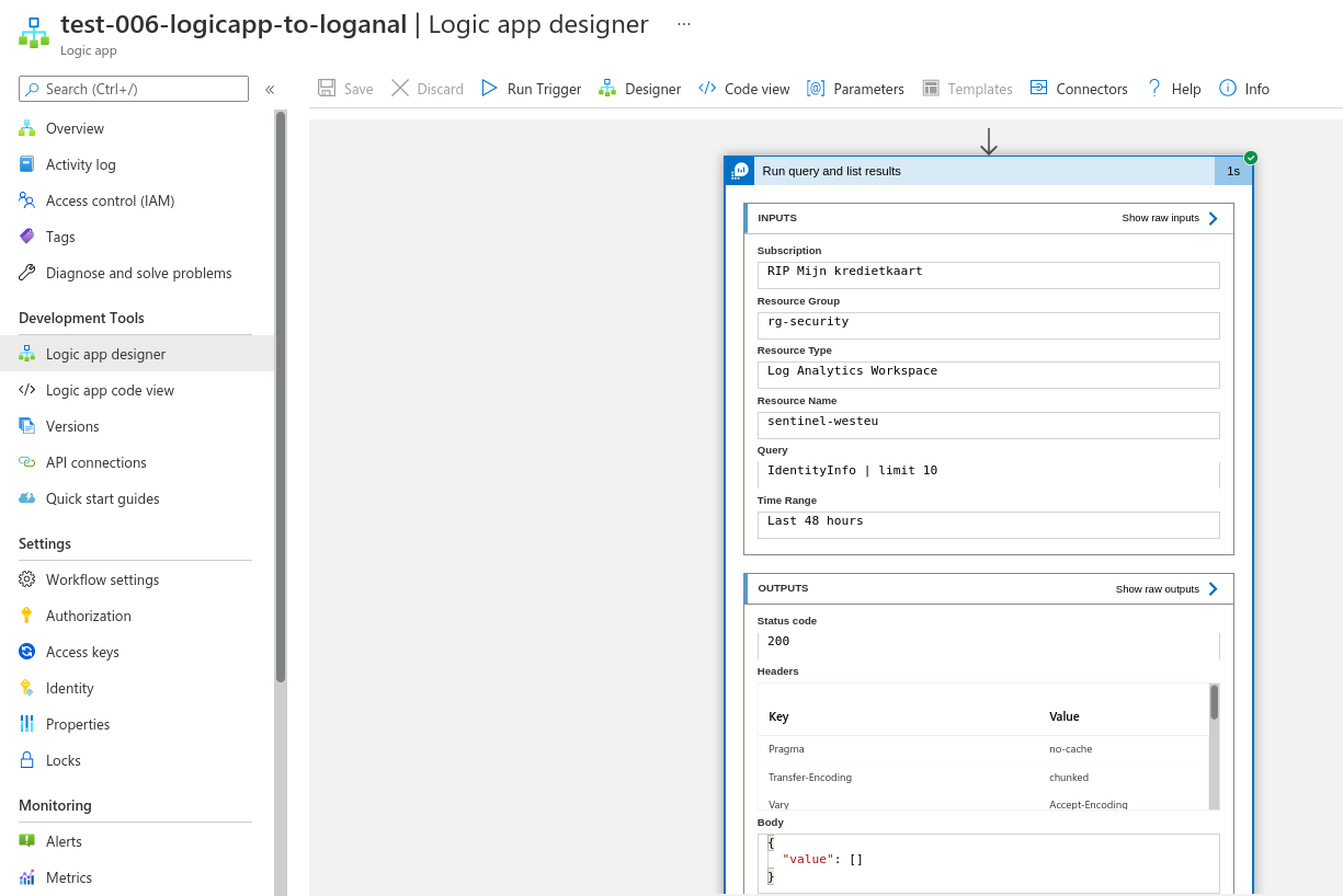 Our Logic App can now query the IdentityInfo table in Log Analytics.